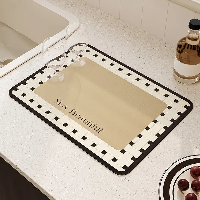 tapis cuisine séchage vaisselle diatomée rectangulaire motif fleurs moderne beige noir élégant