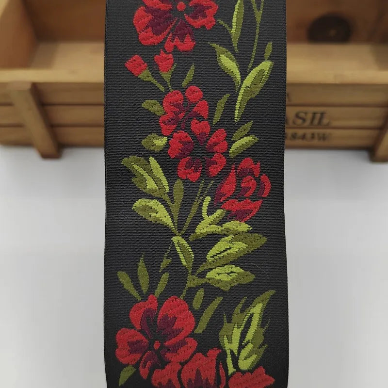 ruban polyester fleurs brodées noir rouge vert 2cm 3.3cm 5cm opacité broderie 5mètres tissu