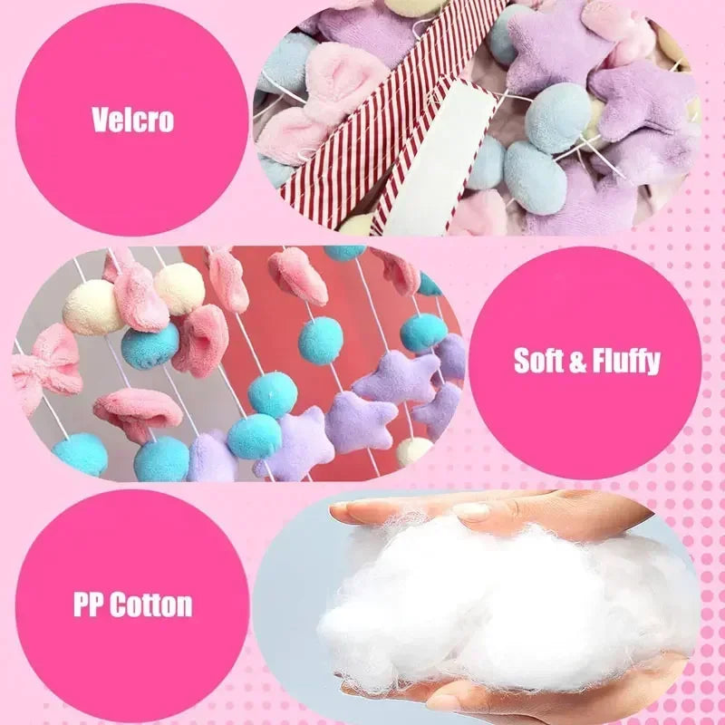 rideau décoratif rose semi transparent papillons étoiles pompons velours polyester doux