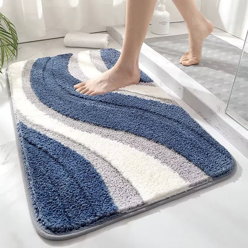 tapis bain doux moelleux rayures horizontales bleu marine gris blanc anti dérapant salle bain