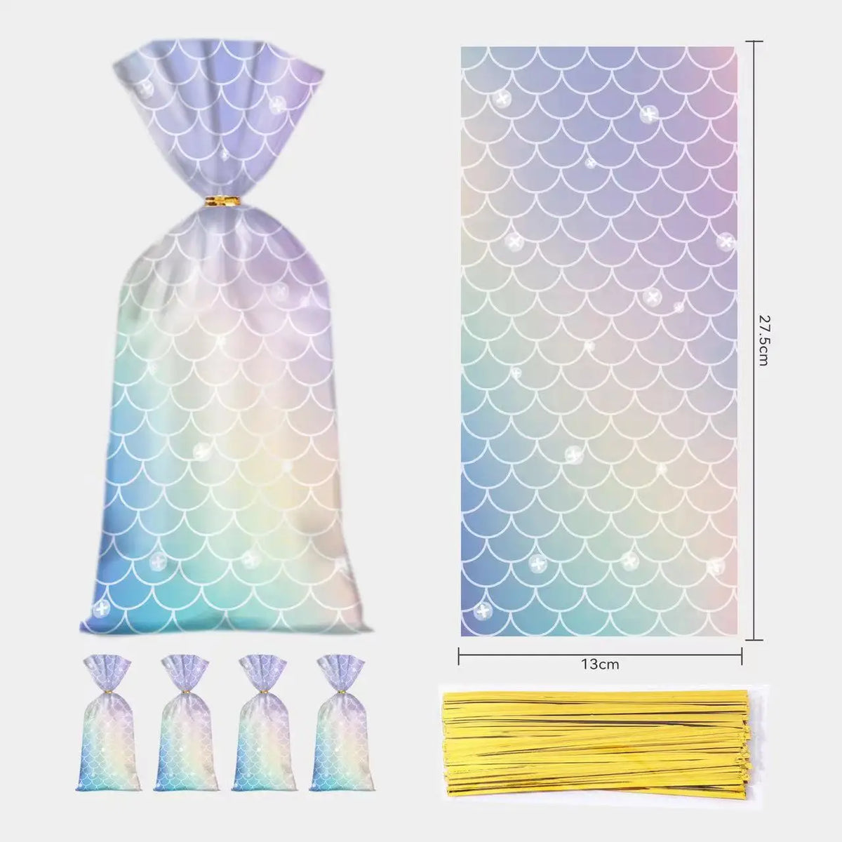 sacs cordon violet bleu vert blanc poisson moderne réception cadeau anniversaire enfants transparents dorés