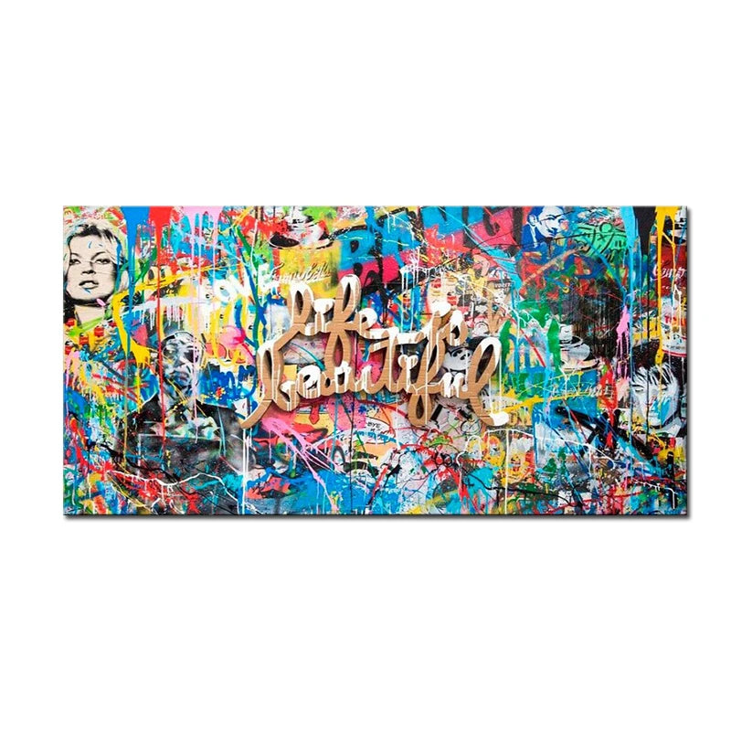 impression toile graffiti abstraite art urbain contemporain texturée couleur vives décoration murale chambre salon