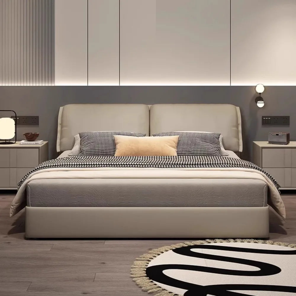 lit double moderne bois beige gris noir rangement oreillers chambre coucher