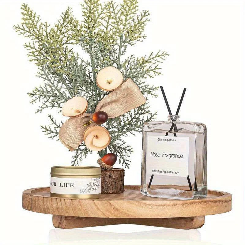 plateau bois rustique artisanal organisation présentation bougies parfums cosmétiques plantes épiceries