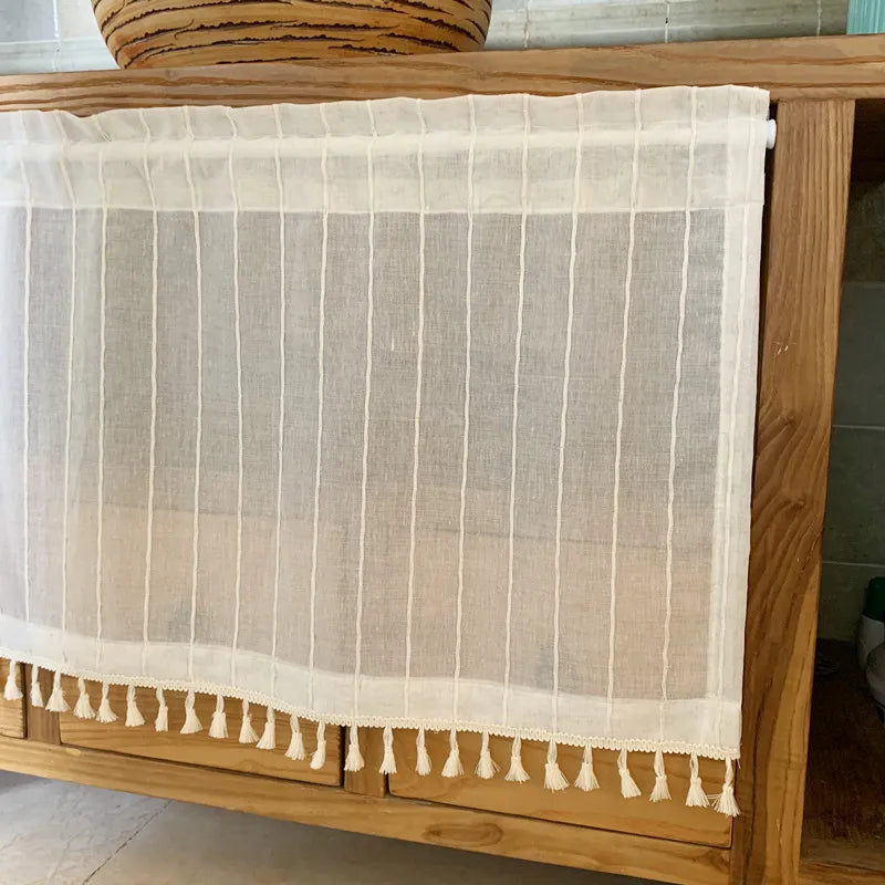 rideau voilage fenêtre bohème blanc cassé franges passe tringle semi transparent japonais