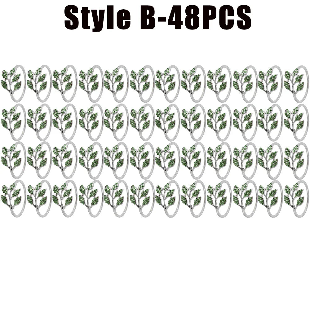 anneaux décoratifs élégants feuilles stylisées strass doré argenté vert décoration table événement
