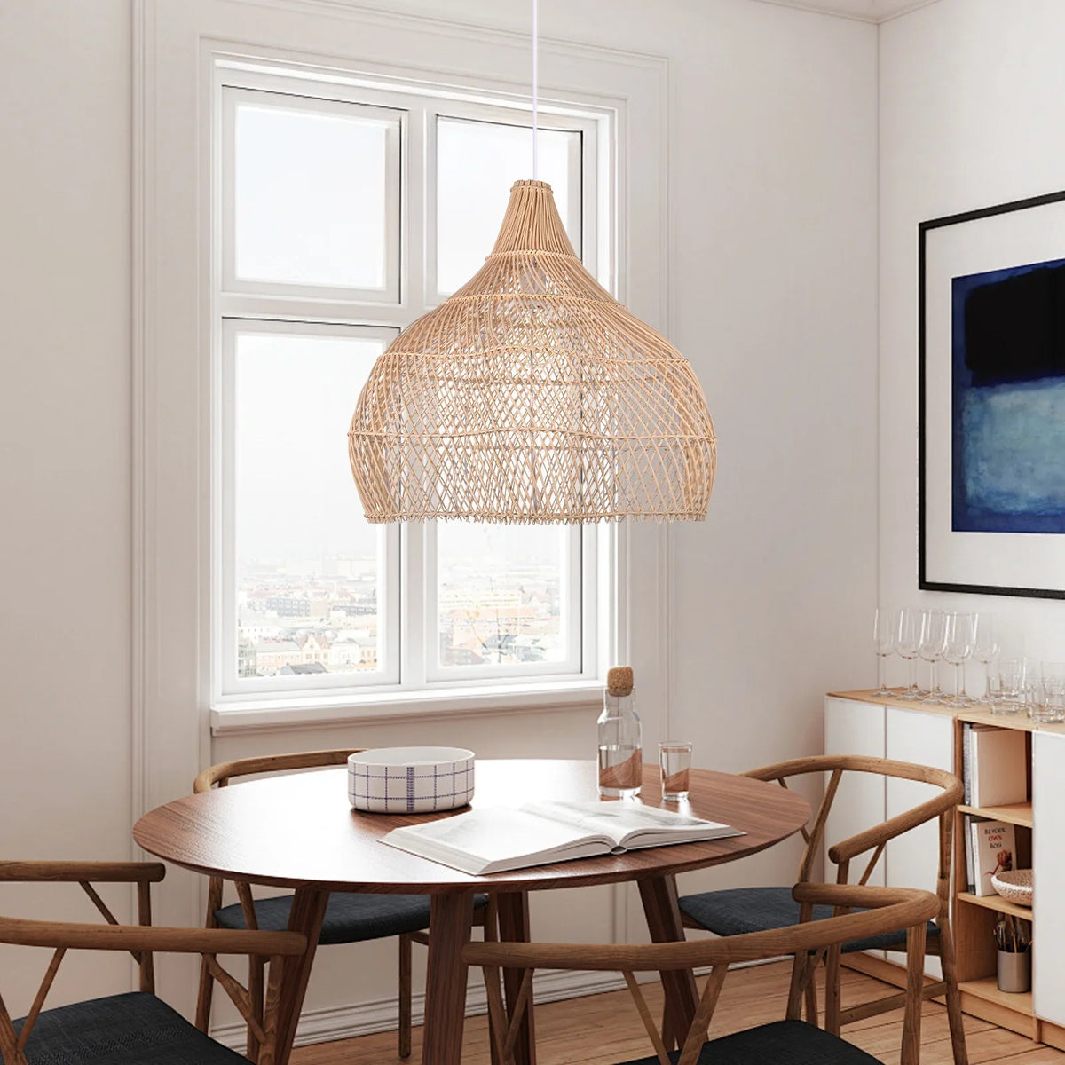 lampe suspendue rotin tissage naturel beige moderne rustique chaîne métallique câble électrique 60cm 3000k