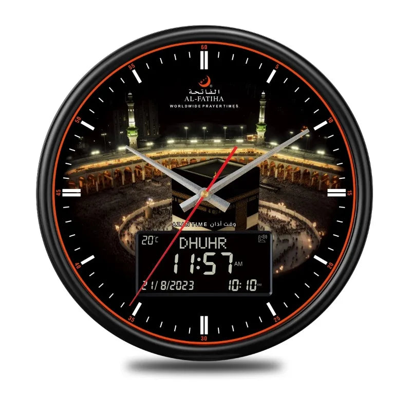 horloge murale islamique noir blanc prières kaaba al fatihah date heure numérique