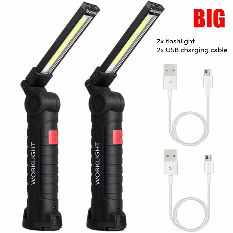 lampe travail rechargeable usb aimant noir lumiere led forte réglages luminosité camping auto défense