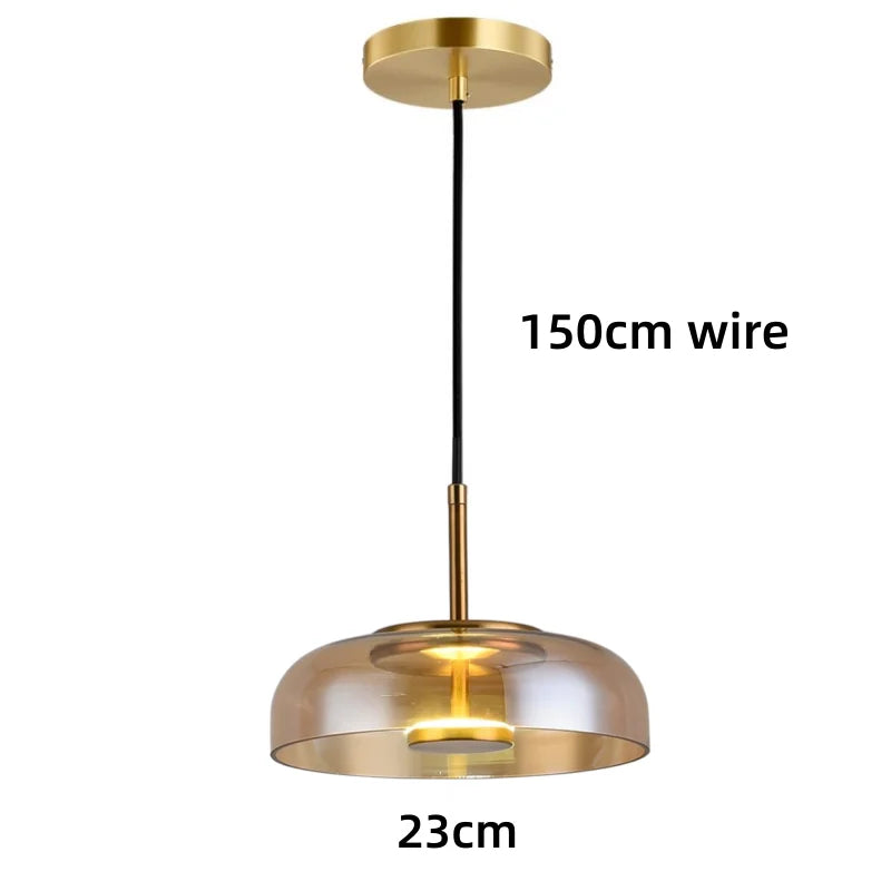 Lampes suspendues modernes transparent doré noir gris abatjour transparent rosace dorée câble suspension LED