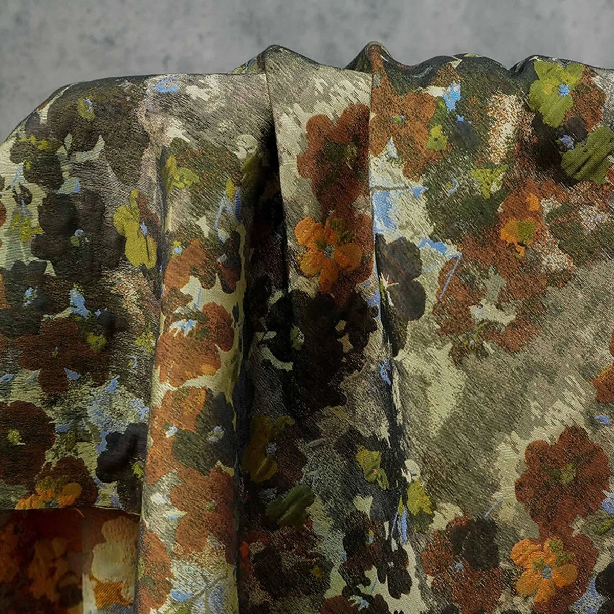 tissu imprimé fleurs vert marron bleu noir moderne polyester largeur 145cm respectueux environnement