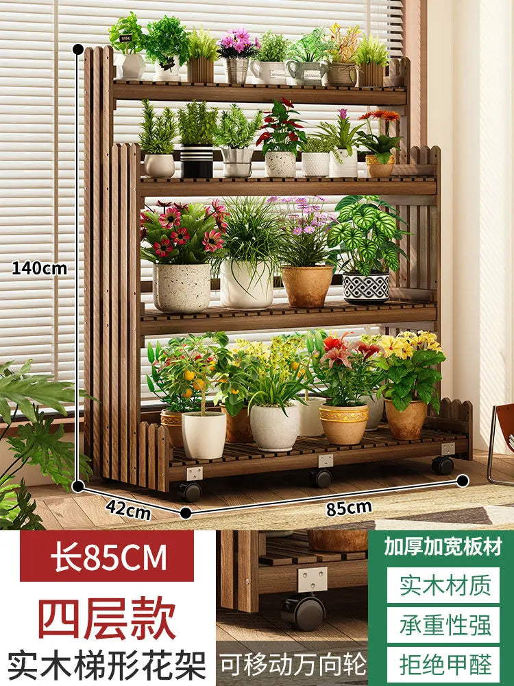 étagère bois moderne plantes intérieur extérieur balcon roulettes 110cm 140cm 42cm multiples niveaux contemporain