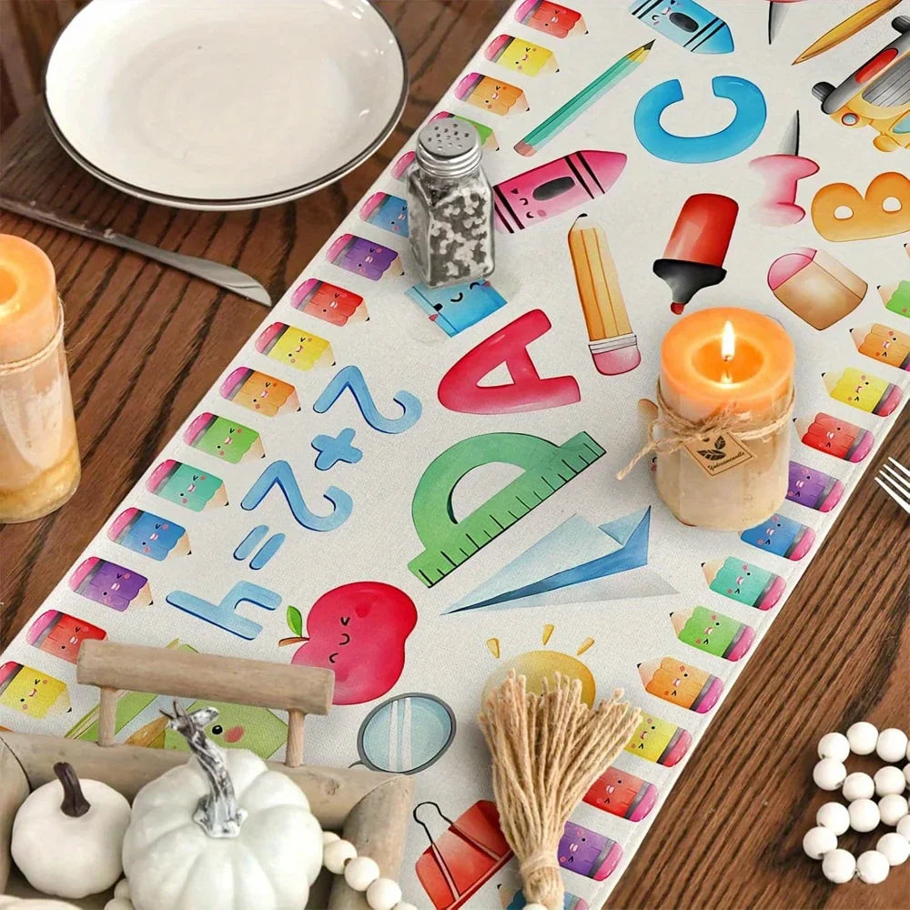 serviette table scolaire motif multicolore crayons règles pommes moderne enfantine bus scolaire faces mignonnes