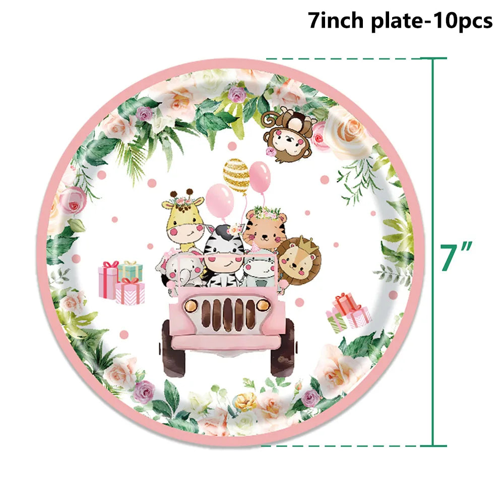 décoration anniversaire thème jungle animaux rose serviettes papier assiettes guirlande happy birthday nappe aquarelle