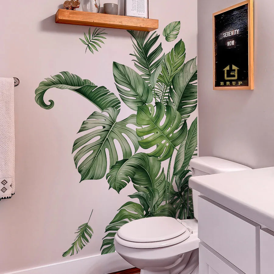 sticker mural moderne feuilles tropicales grandes tailles décoration maison autocollant vert blanc 3d removable