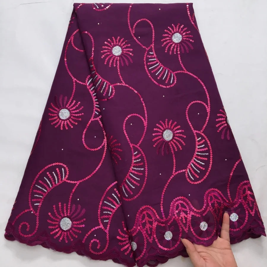 tissu voile brodé fleurs géométriques marron violet bleu clair polyester coton mariage décoration paillettes