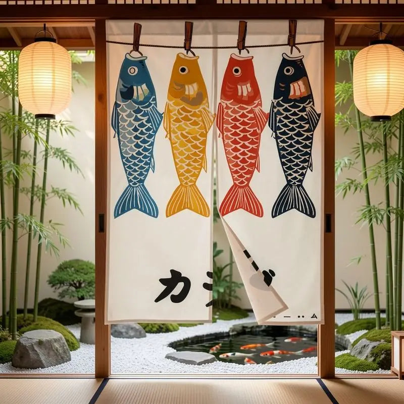 rideau porte poissons koi japonais bleu rouge jaune clips traditionnel polyester opaque