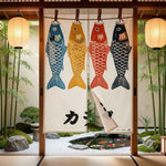 rideau porte poissons koi japonais bleu rouge jaune clips traditionnel polyester opaque