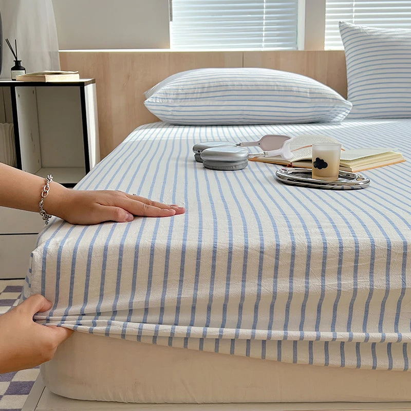 housse lit rayures blanches bleues coton élastique moderne adultes chambre literie blanc bleuclair