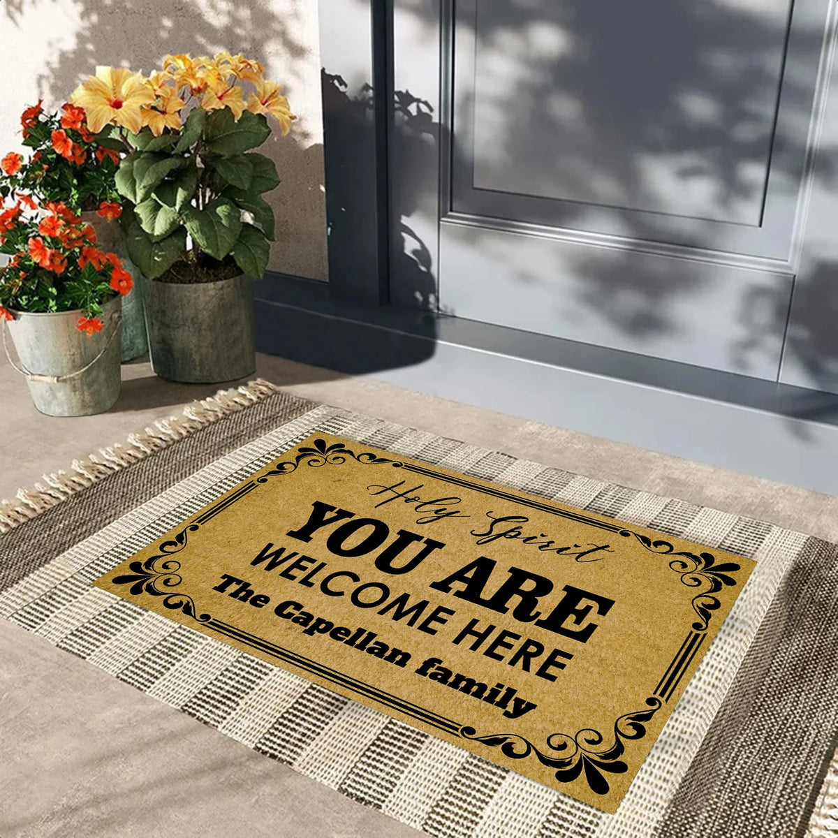 tapis d'entrée marron lettres noires antidérapant résistant bactéries bordure décorative adhésifextérieur résistant corrosion
