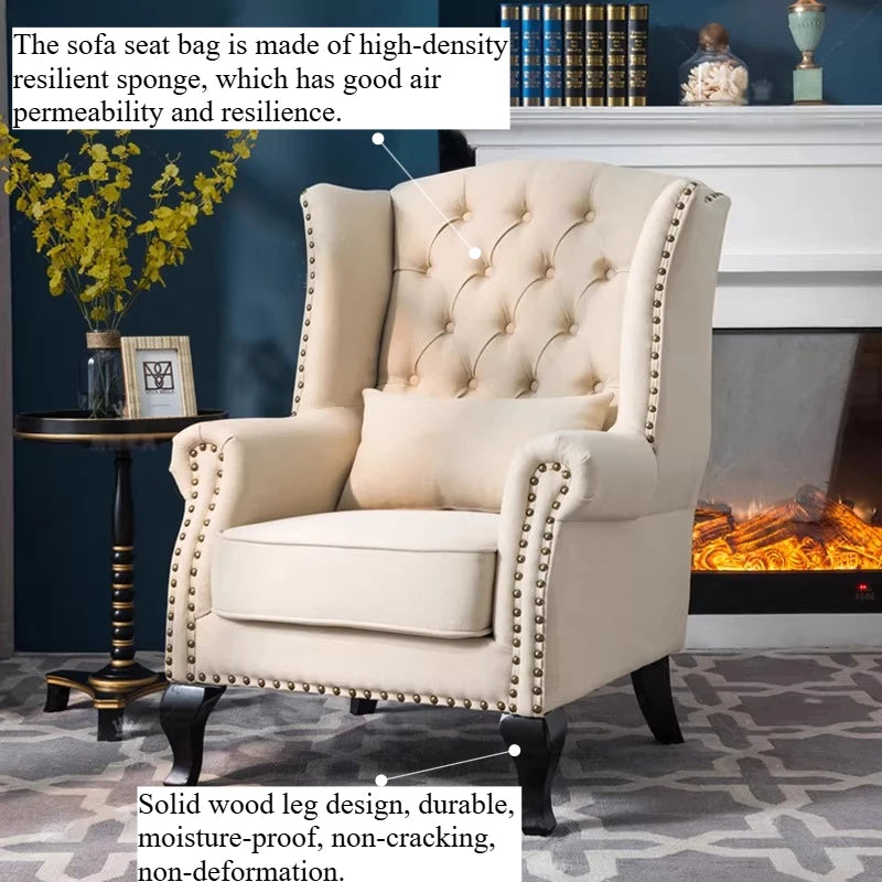 fauteuil club chesterfield tissu capitonné coussins décoratifs bois sculpté living room adult single sofa