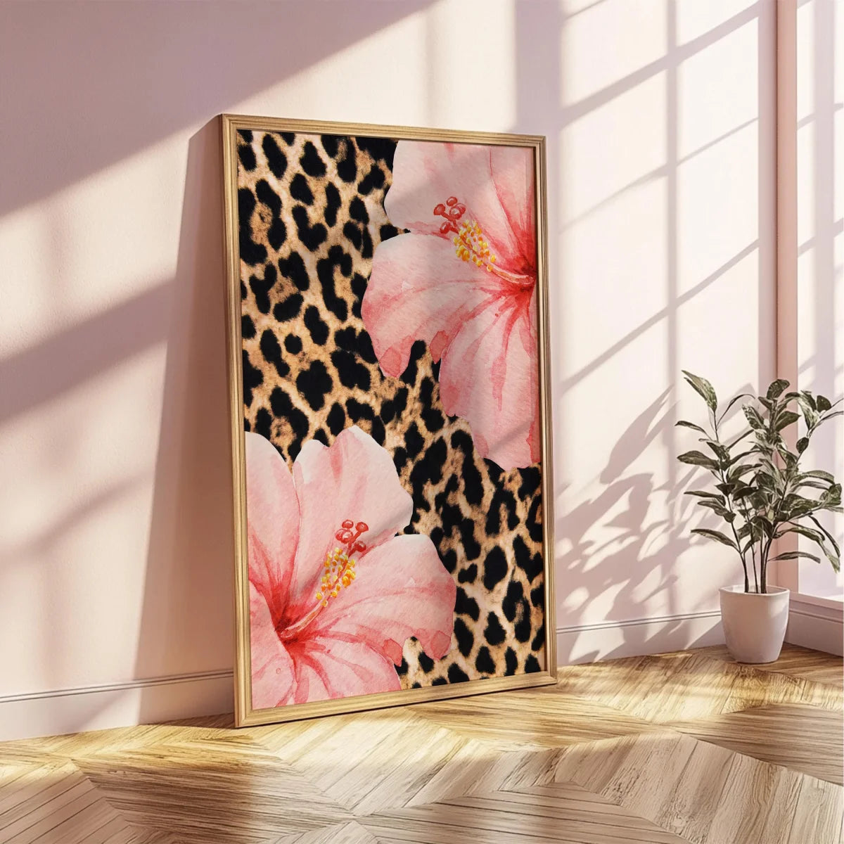 affiche moderne toile léopard fleurs rose noir beige décoration maison cadre bois