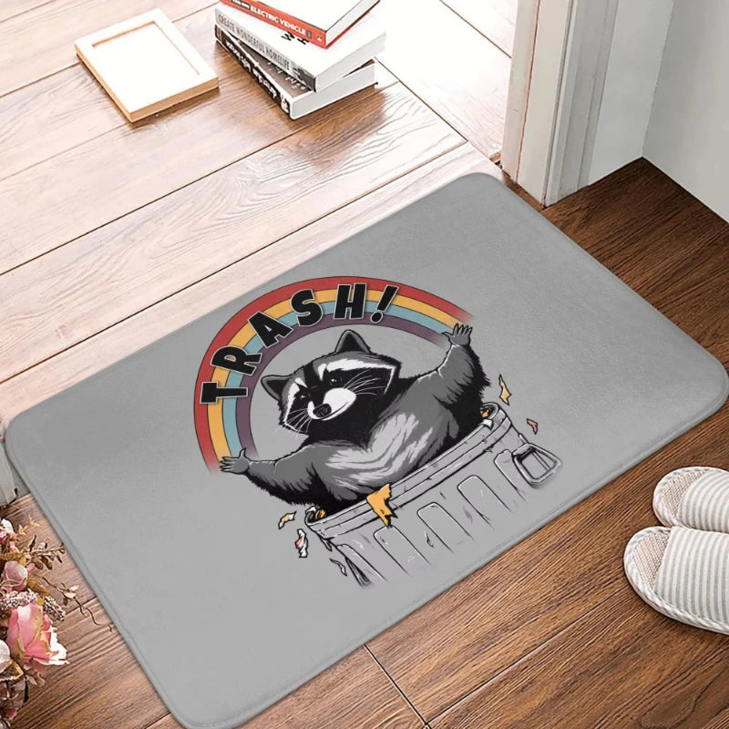 tapis d'entrée anti dérapant raton laveur moderne noir blanc gris salonextérieur