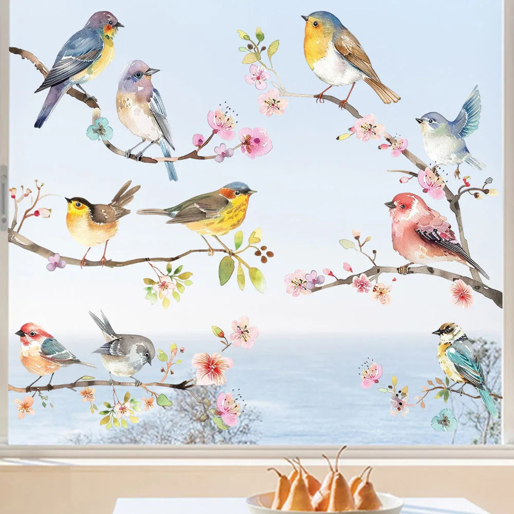 sticker mural oiseaux branches fleurs colorées bleu gris jaune rose vert adhésif pvc artistique