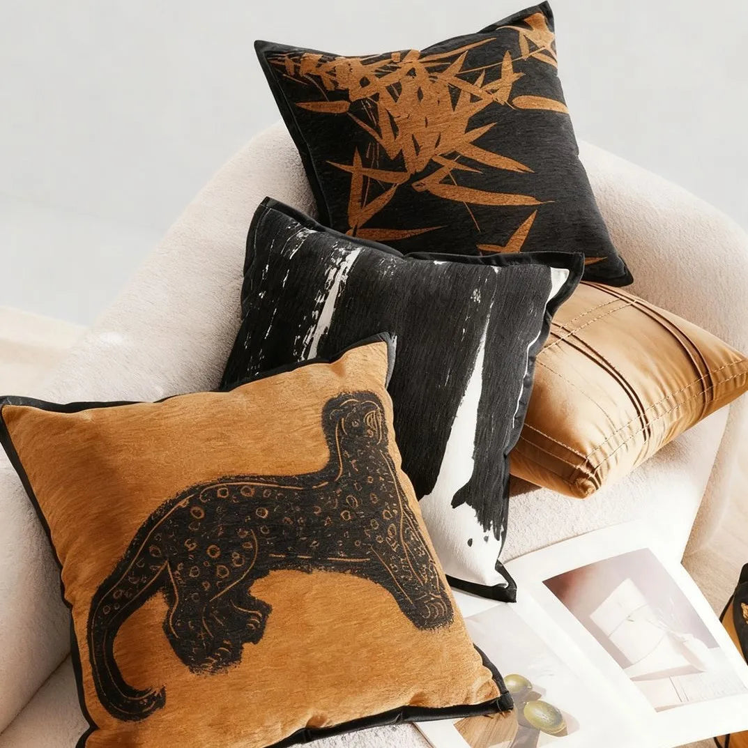 coussin bohème léopard géométrique marron noir blanc décoratif moderne élégant 45x45cm amovible lavable