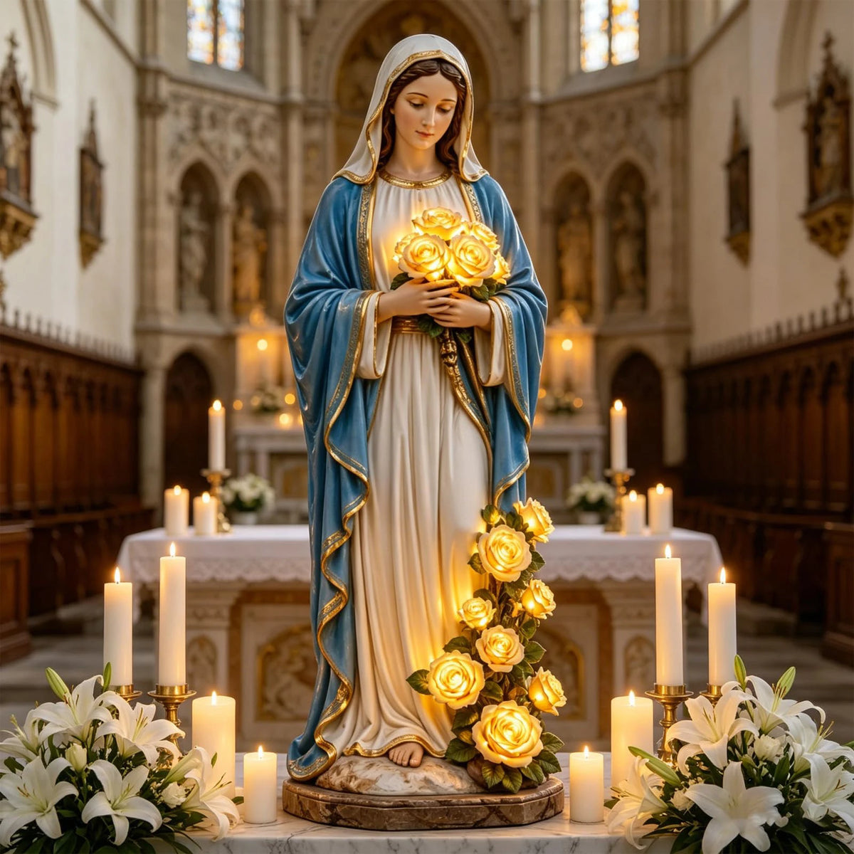 statue vierge marie résine illuminée roses blanc bleu doré extérieur intérieur religieuse classique
