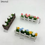 miniature clôture fleurs roses artificielles feuilles vertes décoration jardin blanc marron miniature