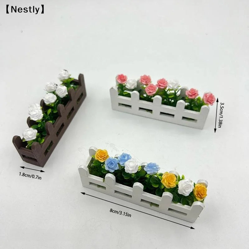 miniature clôture fleurs roses artificielles feuilles vertes décoration jardin blanc marron miniature