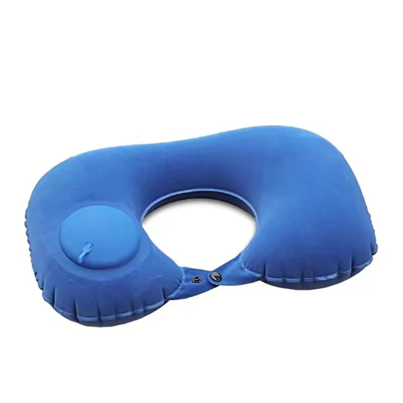 oreiller voyage gonflable forme cou bleu polyester ergonomique valve gonflageextérieur support confortable
