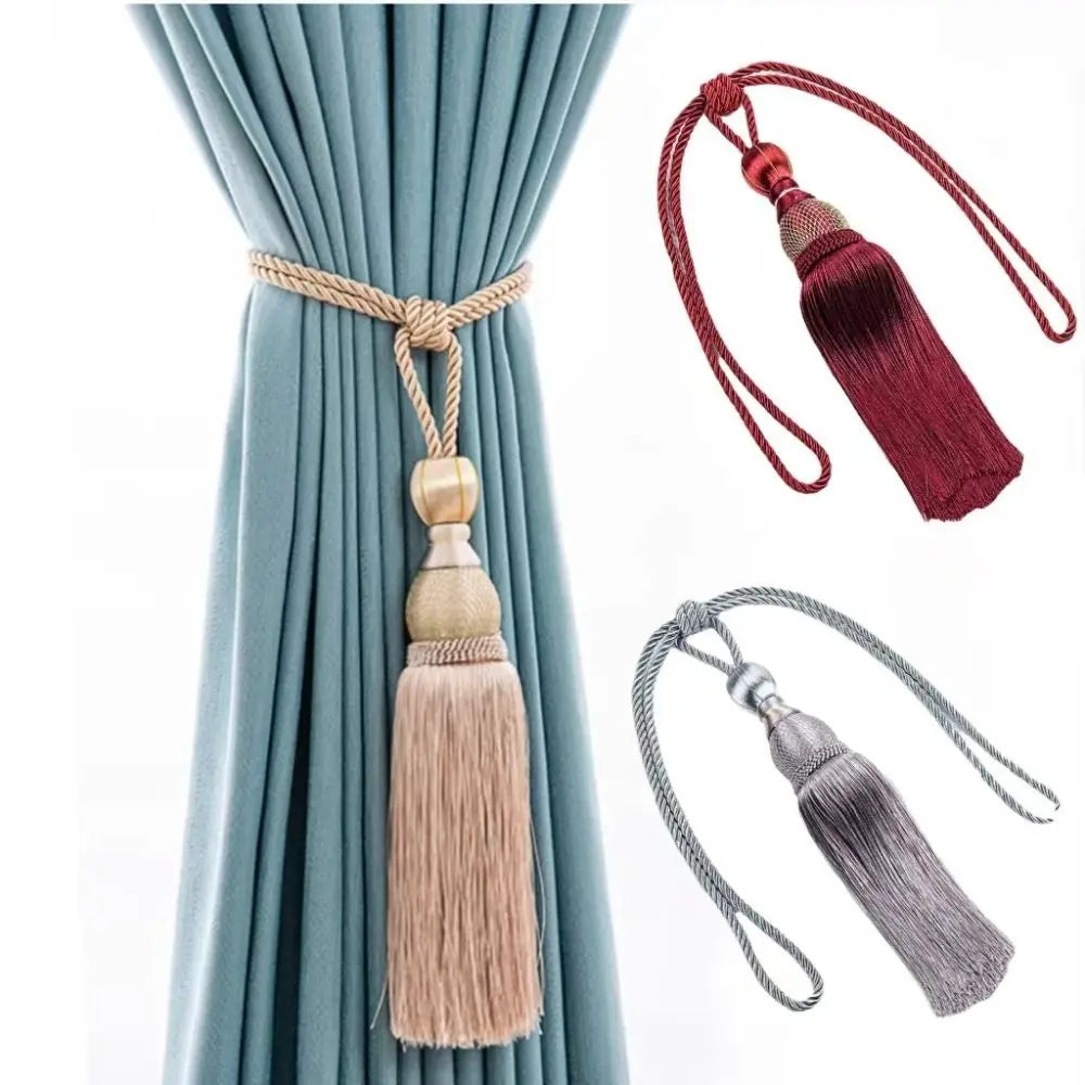 pompons rideau rose pâle beige gris classique élégants attache franges tissu uni sans perçage
