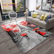 tapis moderne parisien tour eiffel parapluies illustrations fleurs étoiles rouge noir blanc