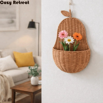 panier suspendu marron clair tressé moderne crochet mural décoration intérieure réutilisable durable fibre végétale