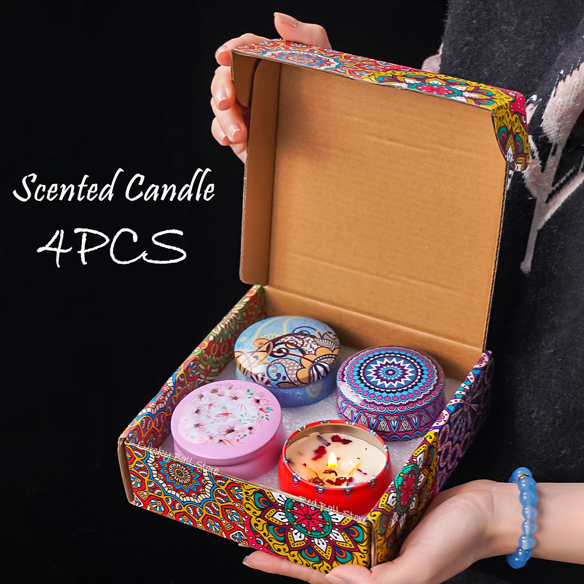 bougies parfumées mandala rouge rose boho chic fleurs séchées boîte carton décorative