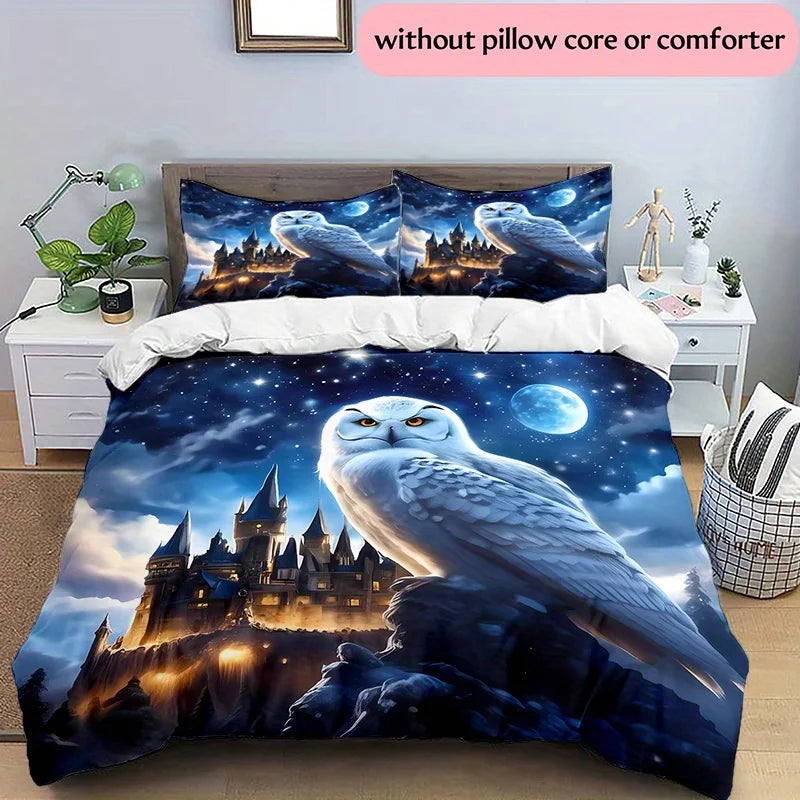 parure lit château hibou nuit bleue oreillers taies doreille ciel étoilé fantastique coloré blanc