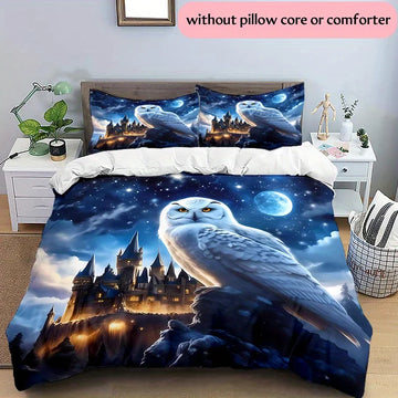 parure lit château hibou nuit bleue oreillers taies doreille ciel étoilé fantastique coloré blanc