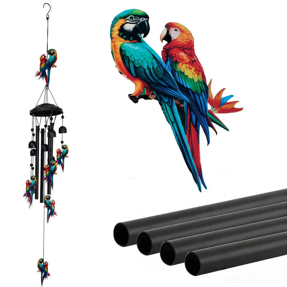 mobile vent oiseaux cloches multicolore noir extérieur jardin patio artisanal