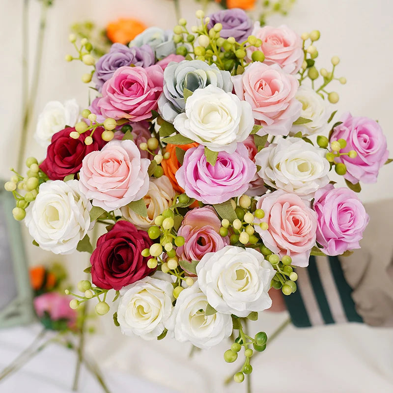 Bouquet fleurs artificielles roses blanches rouges violettes orange classique decoration table mariage événement