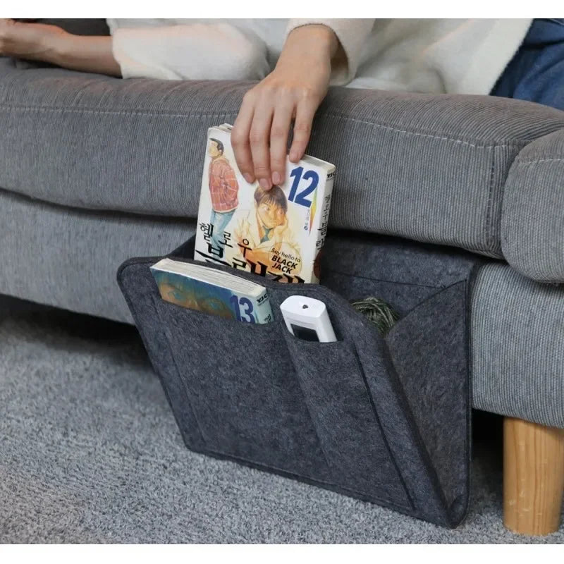 organisateur suspendu feutre gris moderne rangement portable livres magazines écouteurs téléphone lunettes minimaliste