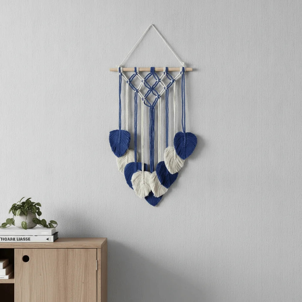tapisserie boho chic macramé franges coeurs orange blanc bleu vert marron clair coton mur