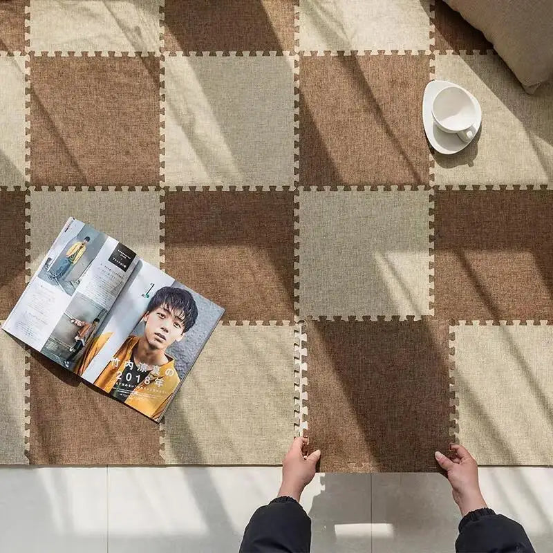 tapis modulable carreaux texturés damier gris beige moderne chambre décoration minimaliste