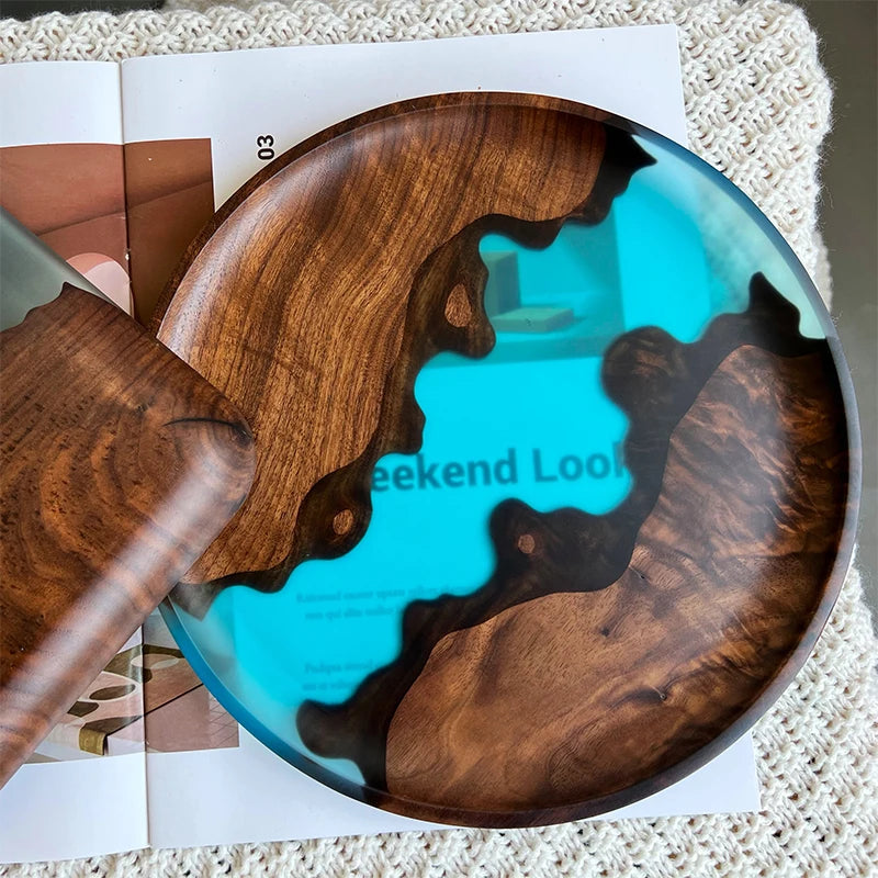assiette moderne bois noyer résine marron foncé bleu clair texture naturelle grande capacité 28cm