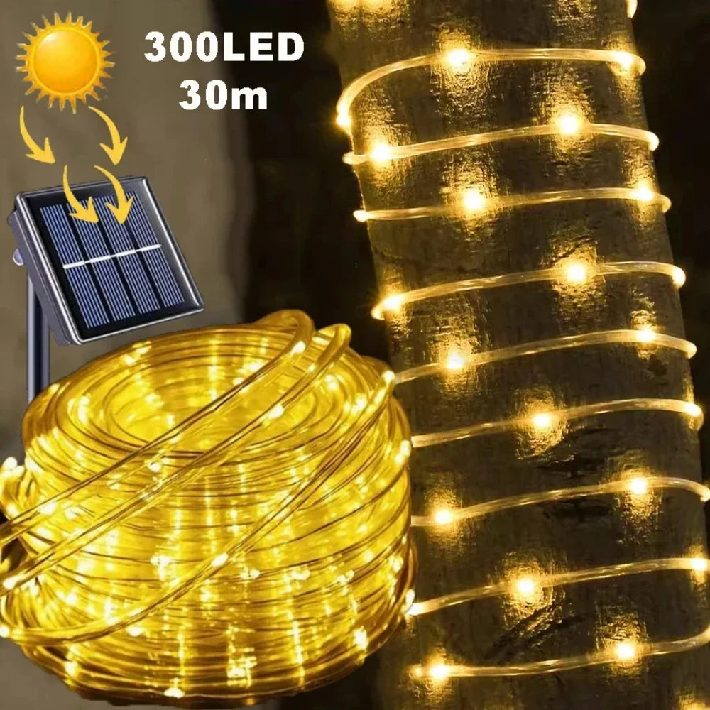guirlande lumineuse solaire 300 led blanc chaud moderne extérieur intérieur modes étanche