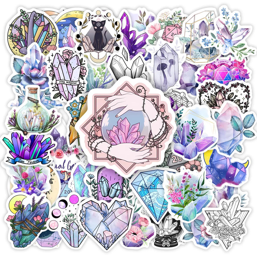 sticker illustration artistique violet bleu blanc fleurs lunes géométrique adhésif transparent portable téléphone ordinateur