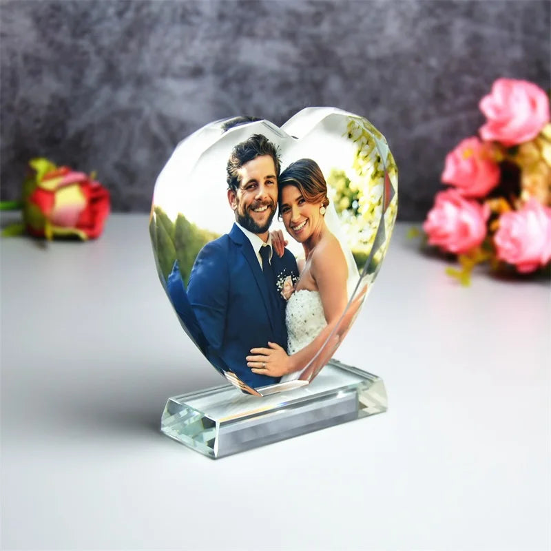 cadre photo cristal coeur transparent personnalisé cadeau mariage couple souvenir élégant gravure image personnalisée