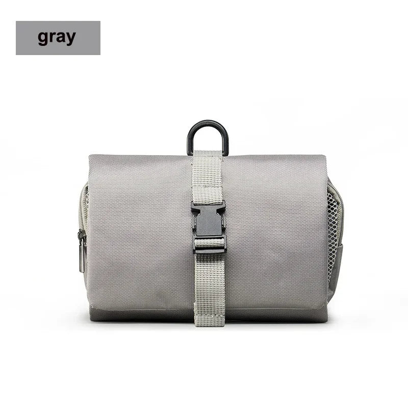 sac toilette pliable suspendu compartiments zippés poches mesh miroir polyester bleu marine gris minimaliste