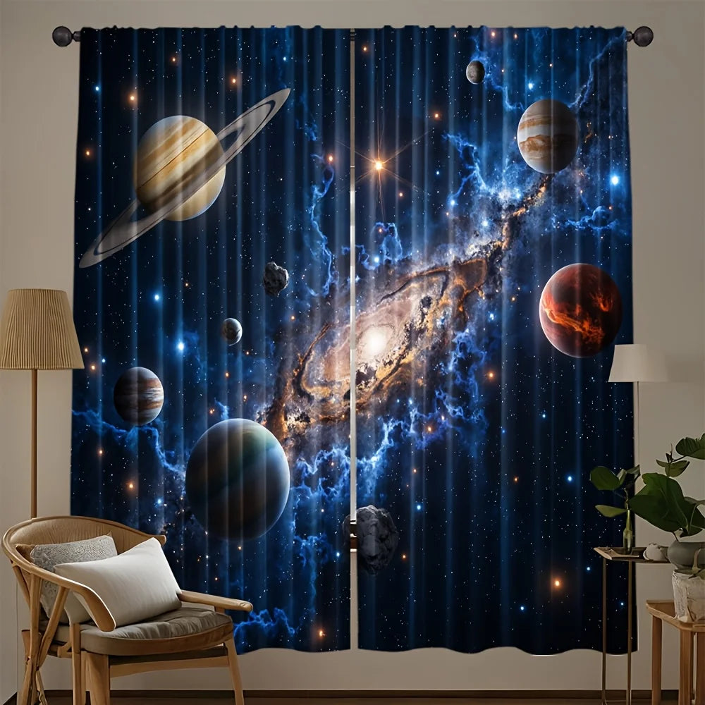 rideau roulant spatial moderne galaxie planètes étoiles opacité bleu foncé gris chambre